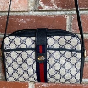 Authentic GUCCI Web Navy GG Monogram Canvas Small Crossbody Bag